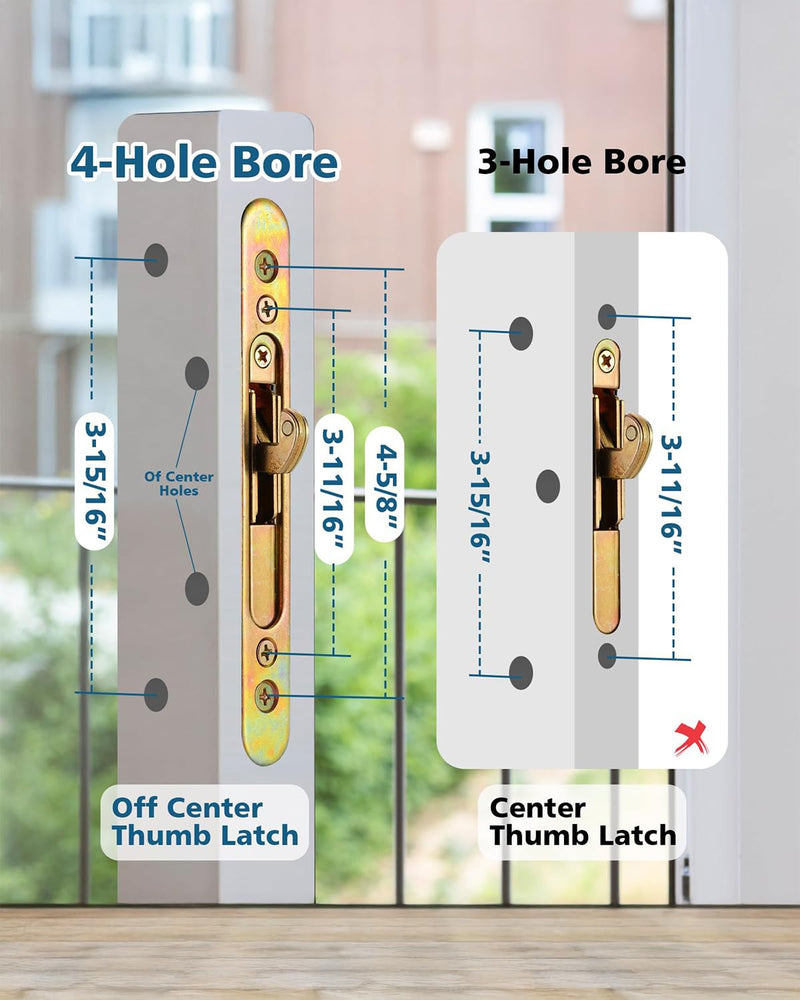 Offset Position Non-Keyed Sliding Patio Door Handleset, 45° Keyway 3-15/16" H.C., Fits 1-3/8" to 2-1/4" Thick Doors, White Diecast with Mortise Lock｜Off Center Thumb Latch Non Keyed-With Latch Lock+Keeper