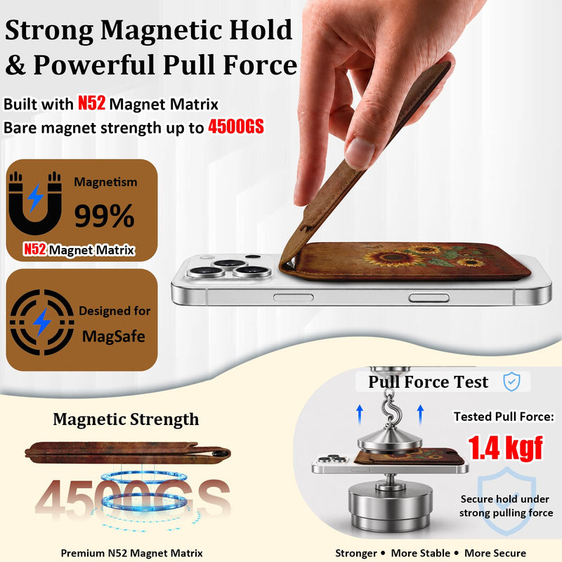 bolimoss Sunflowers Magnetic Wallet Stand,Leather Card Holder with 3 Card Slots & 2 Rings, Phone Wallet with Adjustable Stand for Phone Case,Magnetic Wallet for iPhone 17/16/15/14/13/12 Series(Brown) Fall Sunflowers