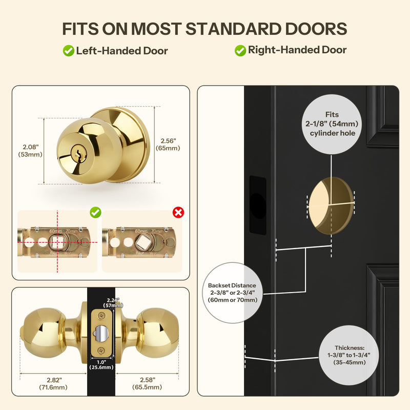 Ball Design Door Knob with Keys and Lock, Keyed Entry Round Shaped Doorknob for Front/Entrance Doors, Polished Brass Finish