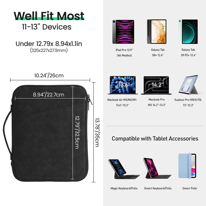 DTTO Tablet Sleeve Bag for New 13 Inch iPad Pro M4/iPad Air M2 2024, 12.9 Inch iPad Pro 6/5/4/3, 12.4 Inch Galaxy Tab S8+/S9+/S9 FE+, Surface Pro 9/8, Waterproof Travel iPad Case Bag, Black 12-13 Inch