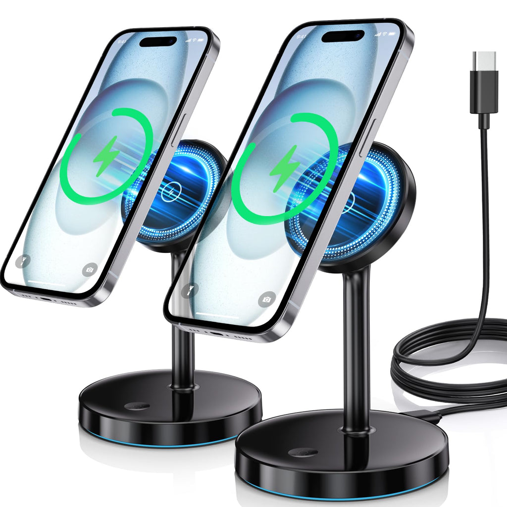 2 Pack Mag-Safe Charger Stand 15W Magnetic Wireless Charging Station for iPhone 15 14 13 12 Pro/Pro Max/Plus/Mini Magnet Wireless Charging Station/Pad with LED Light for AirPods 3/2/Pro/Pro 2