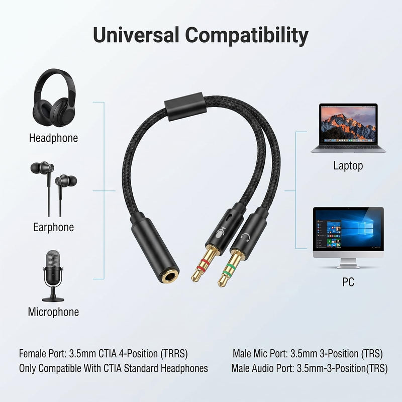 3.5mm Female to 2 Dual Male 3.5mm Audio Splitter, 2-in-1 Y Separator | 3.5 mm Aux Jack Cable 1 in 2 out, Headphone Mic Splitter for PC, Headset Jack Adapter Cable Dongle Cord for Phone, Laptop