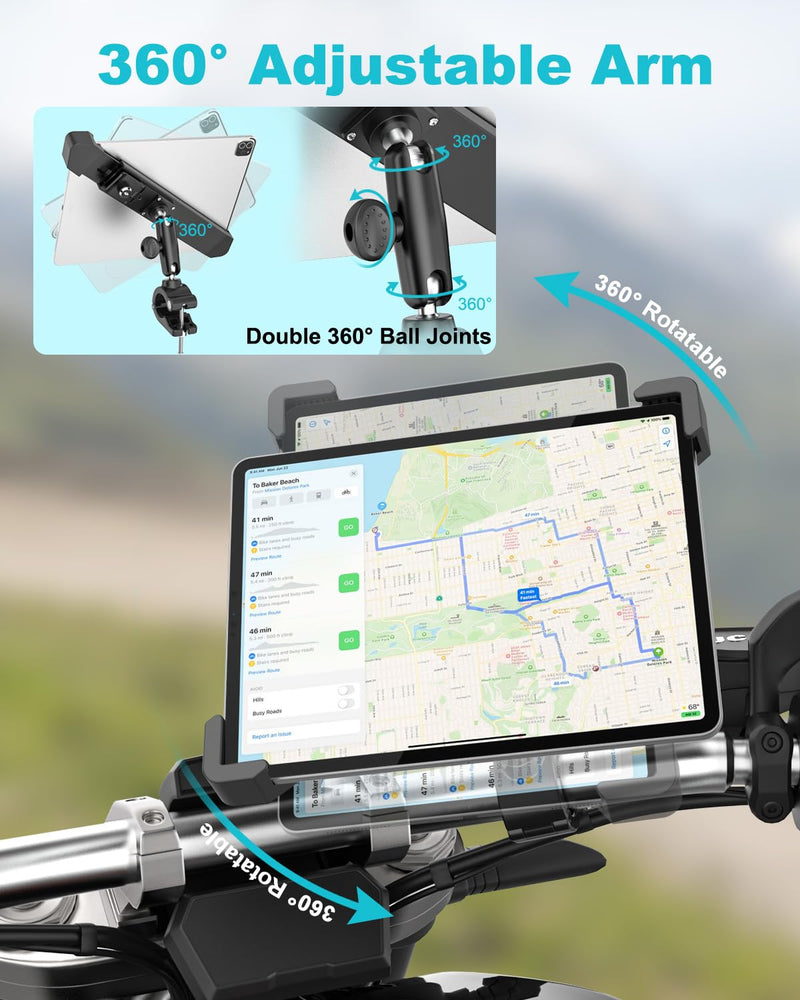 Anti-Theft Motorcycle Tablet Mount, Heavy Duty Bike Tablet Holder with Lock & Key, 360° Double Joints Adjustable Arm - Handlebar Clip for iPad Pro 11 Air Mini, Navigation, More 7-11" Devices