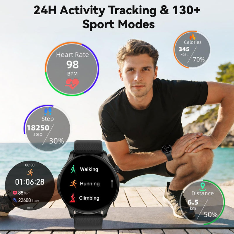 Smart Watch for Men Women Fitness: Waterproof Running Digital Mens Watches Step Pedometer Tracker Make Answer Call SpO2 Sleep Heart Rate Monitor Smartwatch Android Phone iPhone Samsung Compatible Black