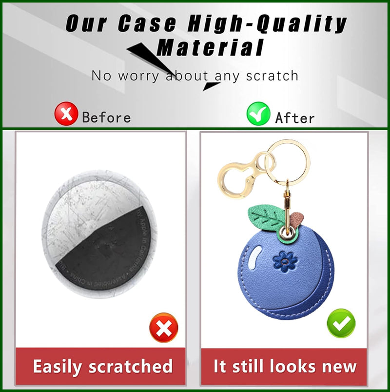 BORKUANA PU Leather Keychain holder Protective Case Compatible with AirTag | Cute Drop-proof Cover with Keyring,Anti-Scratch Finder GPS Tracker Case for Wallet Keys,bag,Backpack,pets,luggage,Fruit Blueberry