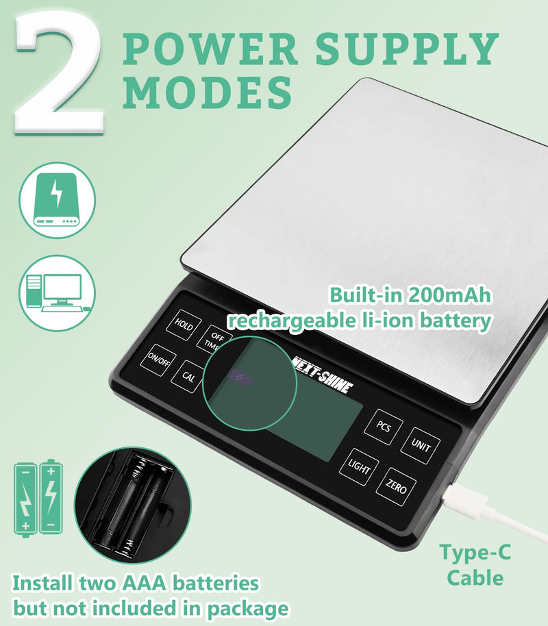 NEXT-SHINE Food Kitchen Scale 11lb, 0.1g/0.01oz Precise Graduation Rechargeable Digital Scale with Nine Units Large Tray Stainless Steel Platform LCD Display for Meal Prep Cooking Baking Black