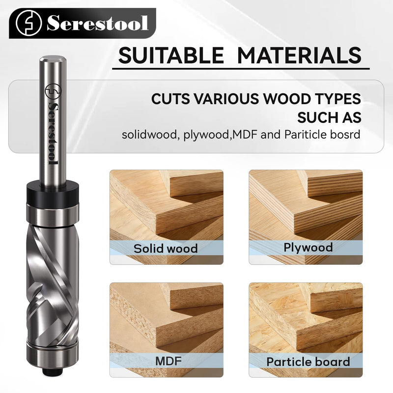 Top and Bottom Bearing Flush Trim Router Bit 1/4 Shank, 1/2" Cutting Diameter, 1-1/8" Cutting Length, Up&Down Compression Cut, Carbide Spiral Pattern Template Bit for Wood Trimming Top&Bottom Bearing Up&Down Cut 1/4"x1/2"x1-1/8"