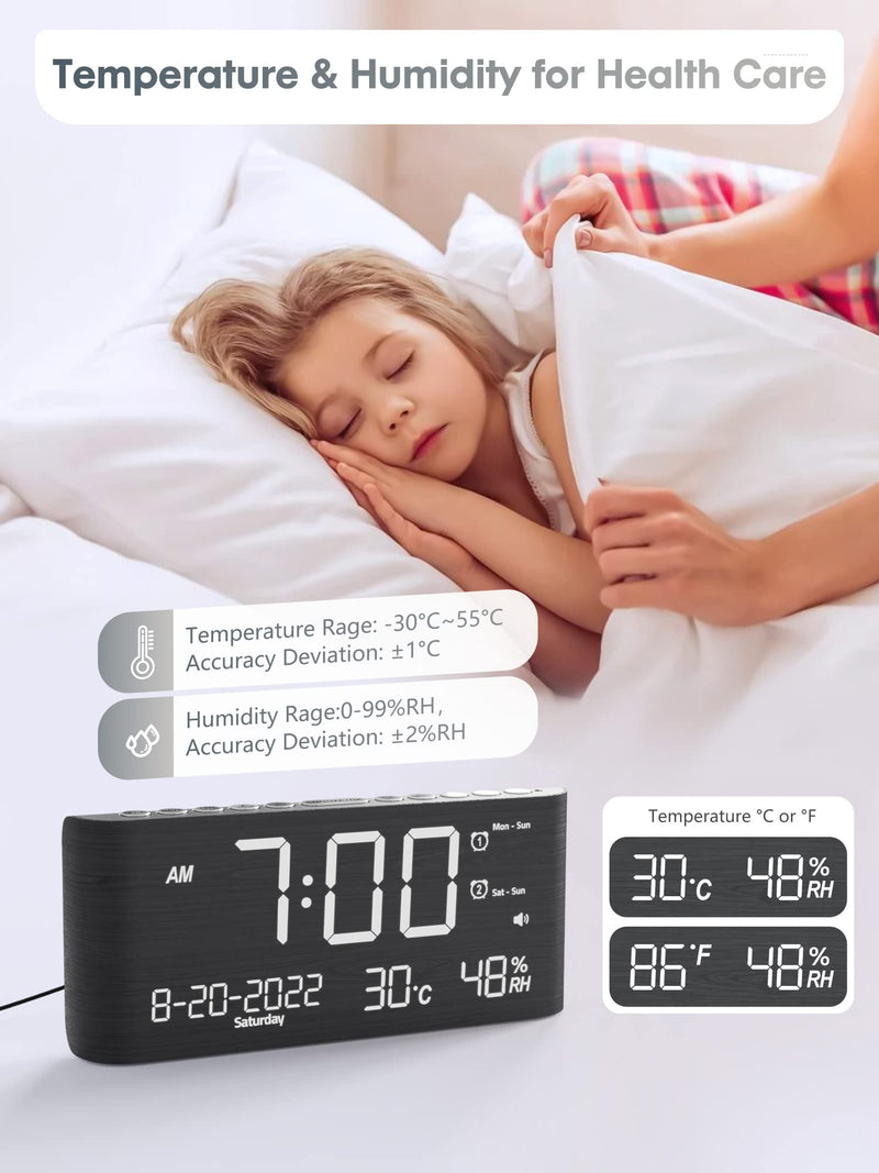 Raynic Alarm Clock, 8.7 Inch Digital Clock, Alarm Clock with USB and Type-C Charger,Dual Alarms,Temperature, Humidity,Date, 5 Adjustable Volume and 5 Dimmer for Bedroom Living Room Office (Grey) Dark Grey
