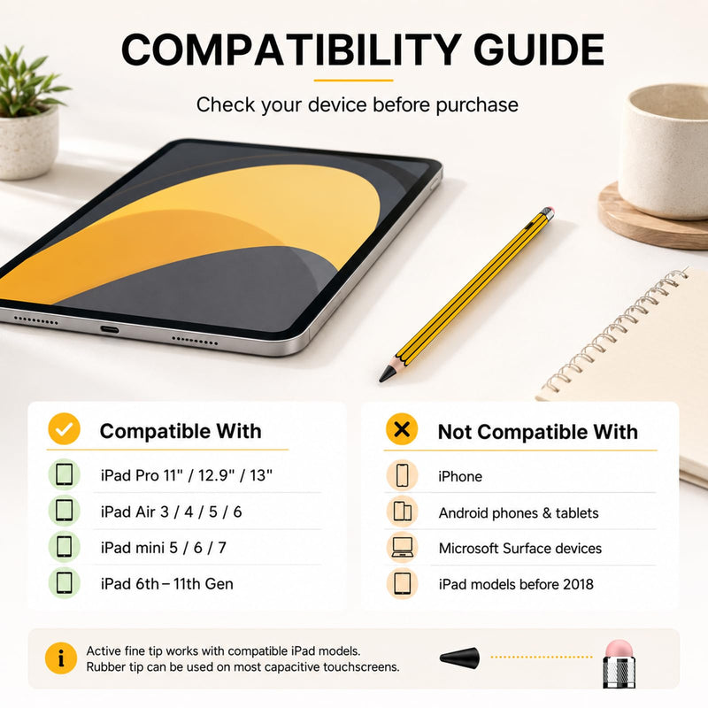 HATOKU Pencil Style Stylus Pen for Apple iPad 2018-2026, No Bluetooth Setup | 18-min Fast Charge for Notes, Sketching, and Class Tasks, Rubber End for Touchscreen Device, Tilt Sensitivity, Palm Rejection yellow black