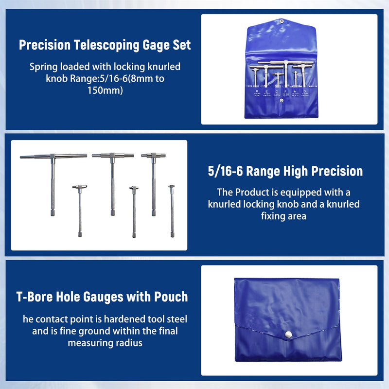 waltyotur 6 Pc Precision Telescoping Gage Set 5/16-6 Range High Precision T-Bore Hole Gauges with Pouch