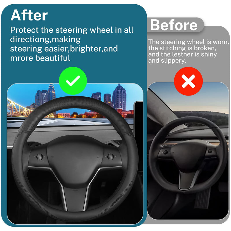 Leather Steering Wheel Cover Custom-Fit for Tesla Model 3/Y 2016-2026, Comfort Grip Design Breathable and Non-Slip, Model 3/Y Car Steering Wheel Protector, Tesla Accessories,Black(A-Style, for Tesla) A-Style