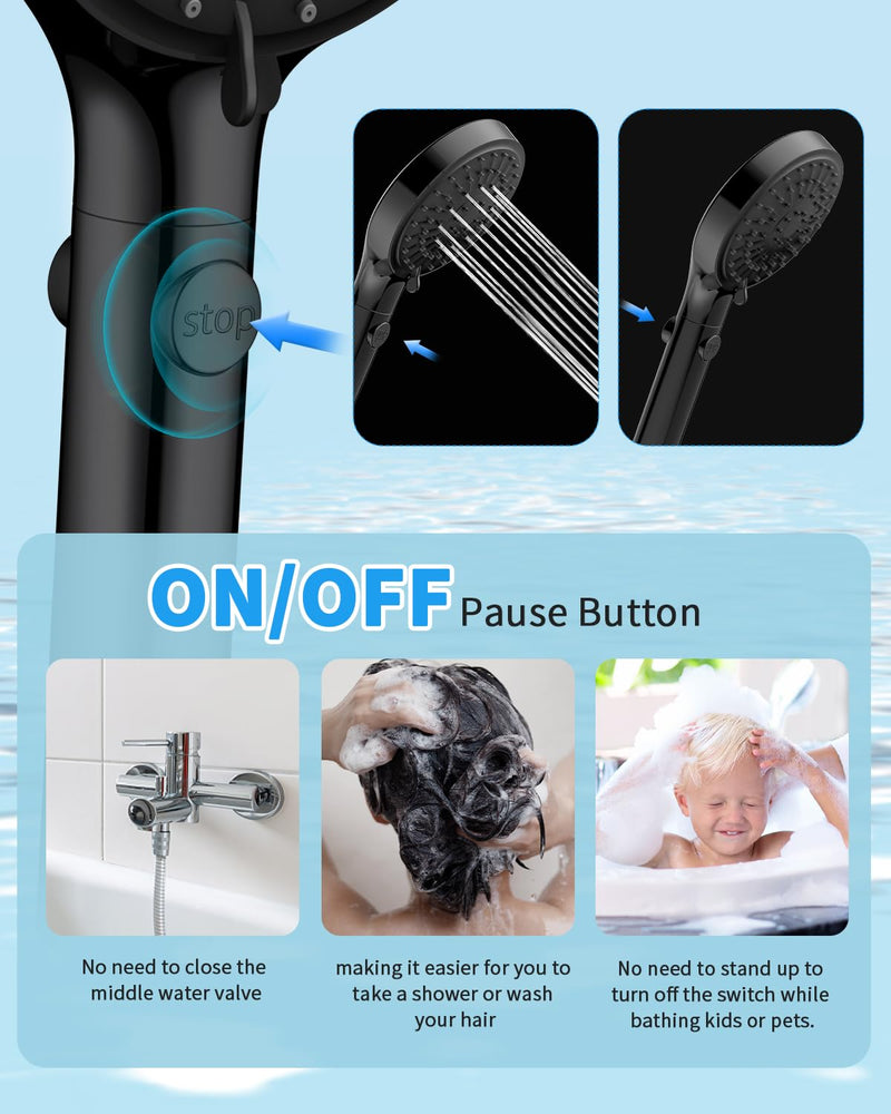 FASDUNT Shower Head with Handheld, High Pressure Handheld Shower Head with 80" Extra Long Stainless Steel Hose & Adjustable Bracket, Showerhead with ON/OFF Switch, Black 6 Spray-Settings Matte Black