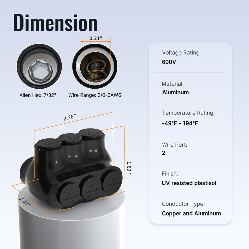 RVBOATPAT 6PCS Dual Entry Aluminum Wire Connector 3 Port Insulated Multi Tap Connector 2/0-6 AWG Splice Electrical Power Connector 3/16" Allen Hex Dual Entry 3 Port 2/0-6 AWG