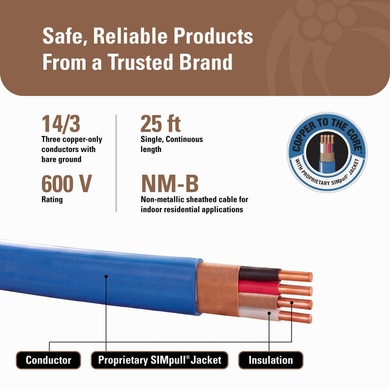 Southwire Romex SIMpull™ Electrical Wire, 14 Gauge, 3 Conductor, 25 Ft, NM-B Cable, Blue, 63946921