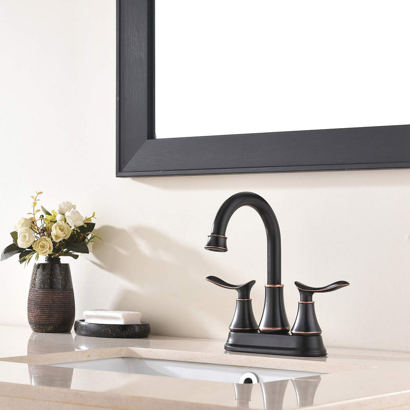 KINGO HOME Modern 2 Handle Oil Rubbed Bronze Bathroom Faucet, Bronze Bathroom Faucets RV Rubbed Bronze Bath Vanity Faucet for Sink 3 Hole with Water Supply Lines and Pop Up Drain