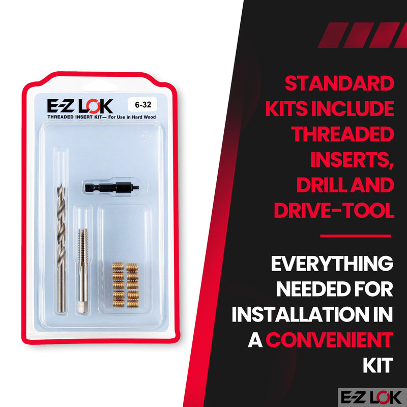 E-Z LOK Threaded Insert Installation Repair Tool Kit for Hard Wood - Includes Brass Thread Inserts, Drill, Tap and Drive-Tool 6-32 (EZ-T400-006)