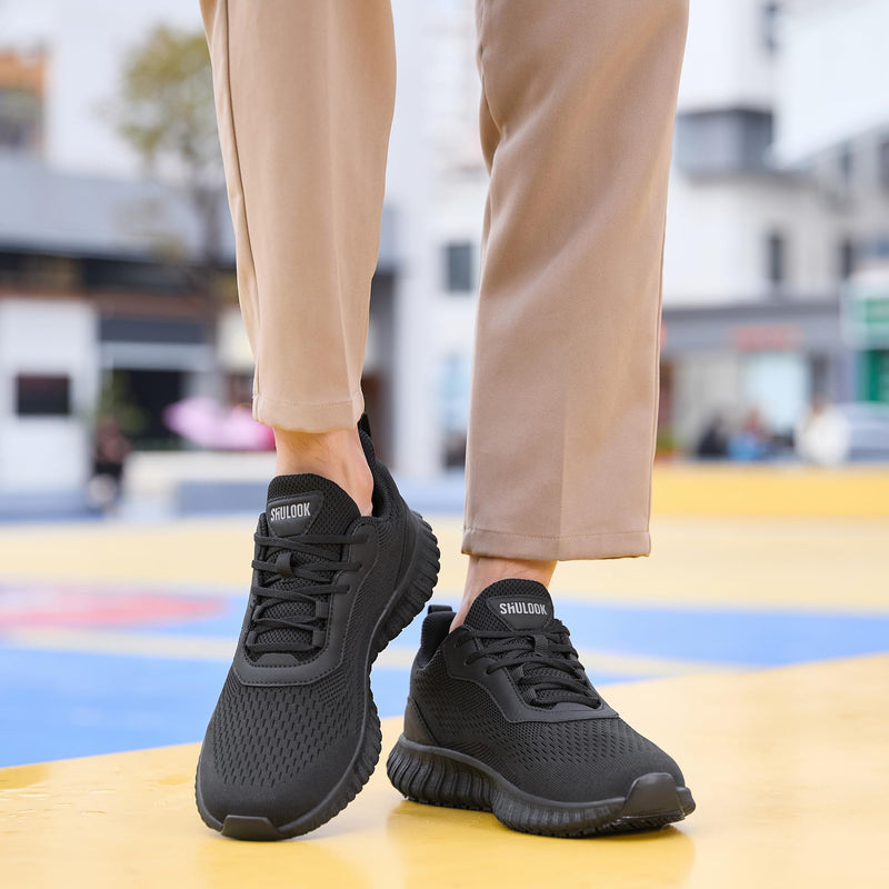 SHULOOK Non Slip Work Shoes for Men Slip Resistant Water-Resistant Food Service Kitchen Chef Restaurant Nurse Work Sneakers Lace Up Mesh Comfortable & Casual Walking Shoes Black 8.5