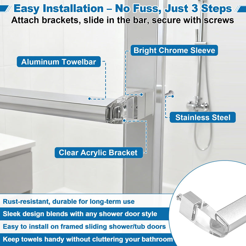 Glass Shower Door Towel Bar 30" Bright Chrome Compatible with Alumax Basco Sliding Shower Door Handle Replacement w/Silver Transparent Brackets Fits Framed Shower/Tub Enclosure Doors Up to 31" Wide 30" Chrome Towel Bar