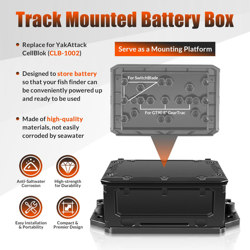 Track Mounted Battery Box for Fish Finders, Replace for YakAttack CellBlok (CLB-1002), Compatible with YakAttack Switchblade Transducer Arm, Fit for Most 7, 9, or 10 Ah 12v Batteries