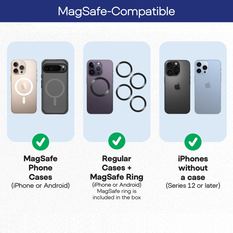 Stroller Phone Holder, MagSafe Compatible Expandable Clamp, 360 Adjustable | Secure clamp fits most handles; magnetic ring included for Samsung, Android and non-MagSafe cases; carts, wagons and travel