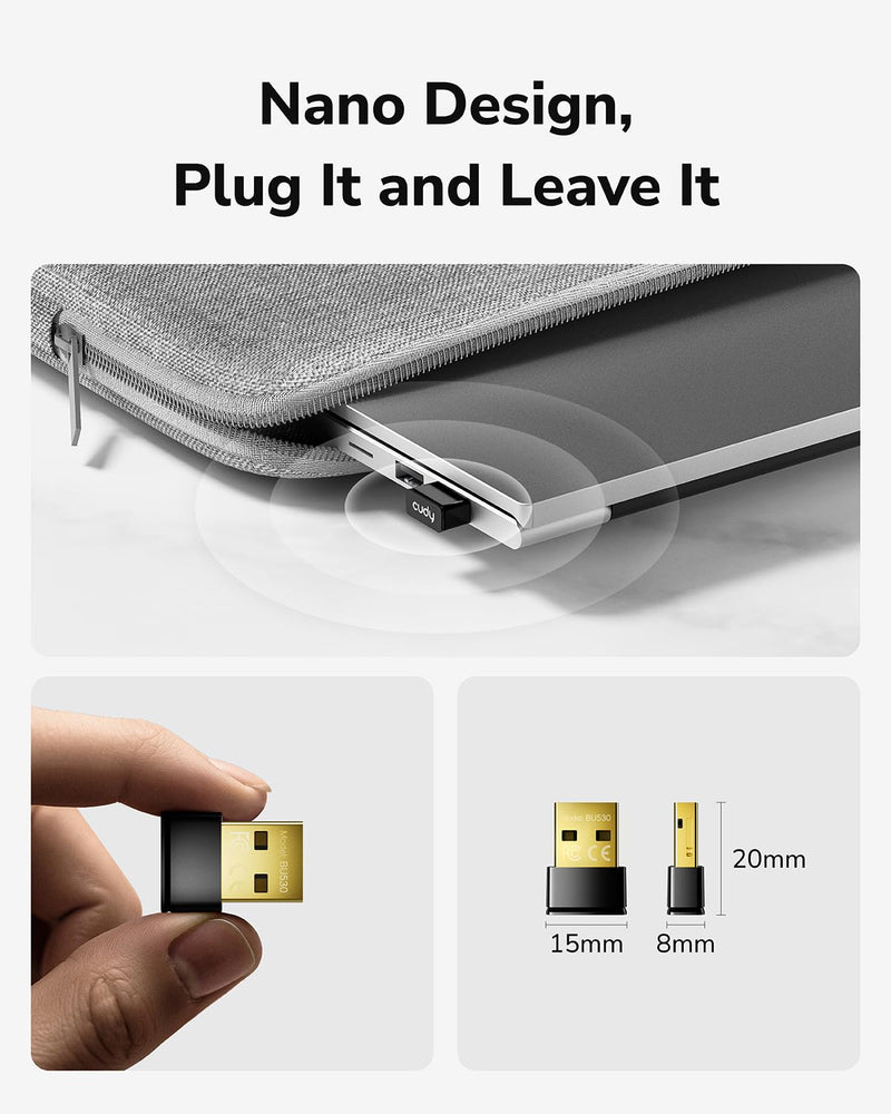 Cudy USB Bluetooth Adapter for PC, Bluetooth 5.3 Dongle Receiver, Plug and Play, Nano Size, Supports Windows 11/10/8.1/7 for Desktop, Laptop, Printer