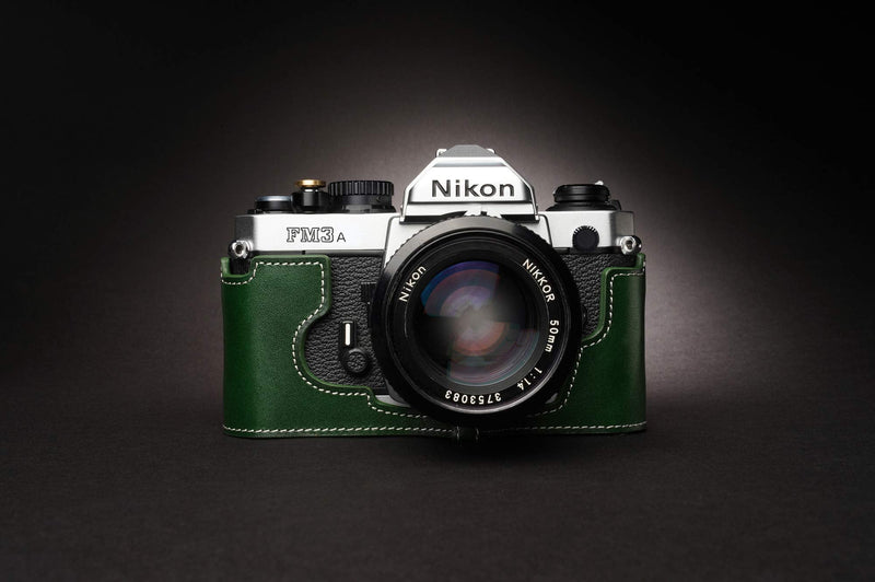 FM3A Case, BolinUS Handmade Genuine Real Leather Half Camera Case Bag Cover for Nikon FM3A Camera with Hand Strap (Green) Green