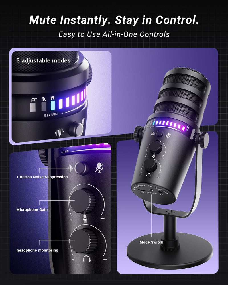 Streaming Microphone for Discord, RGB Mic for PC | Supercardioid pickup, noise cancellation, one-tap mute, gain control, 3.5mm jack, podcast, smartphone compatible