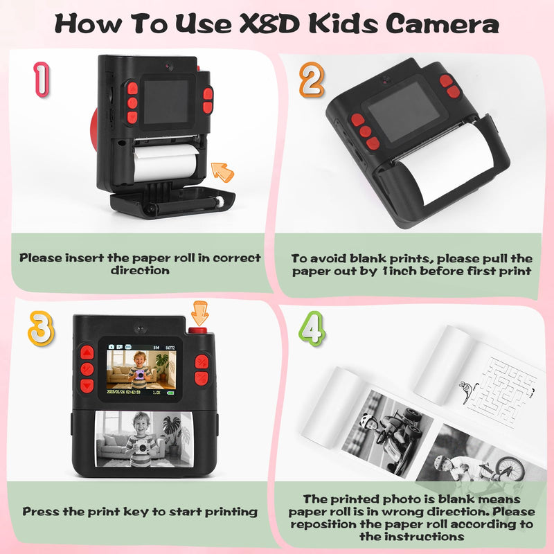 Kids Camera Instant Print, 1080P HD Dual-Lens Selfie Digital Camera with 5 Printing Paper Rolls & 32G TF Card, for Children, Portable Toddler Toy for Age 3-12 Boys & Girls (Black) Black