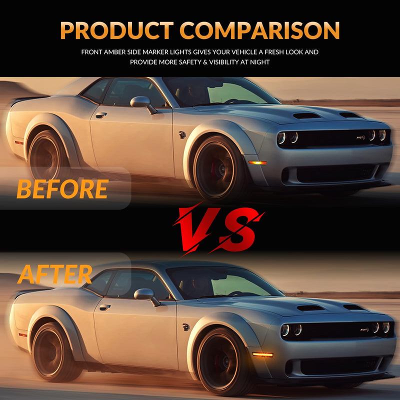 LED Side Marker Lights Front Bumper Amber Parking Signal Lamps for Dodge Challenger 2015-2023 Smoked Len, 2PCS Front Bumper, Amber