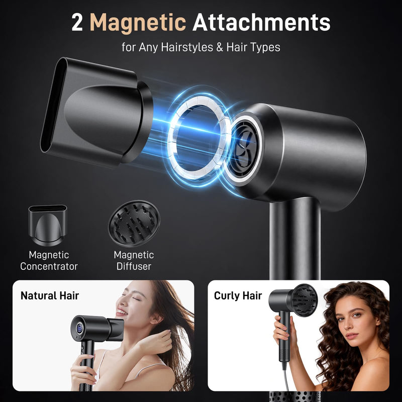 500 Million Negative Ionic Hairdryer with LED Display, 180,000 RPM Hair Dryer with 3 Speed 4 Heat Setting, Blow Dryer with Diffuser & Concentrator, Low Noise & Lightweight Hairdryers for Women Men Black