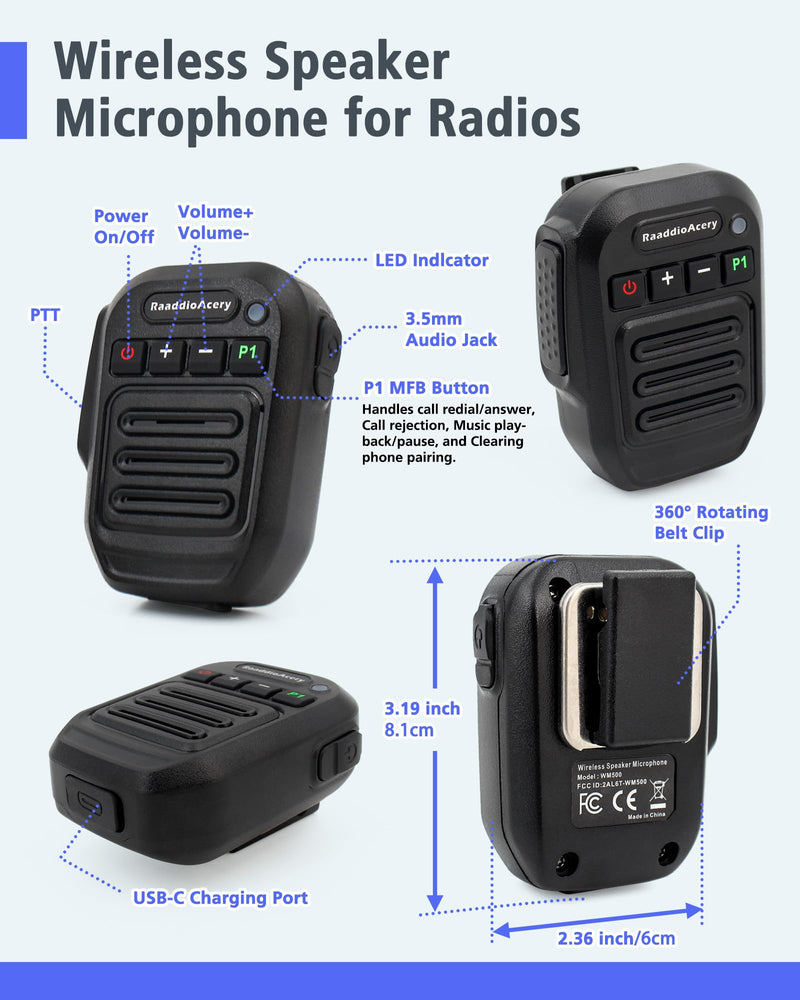 Wireless Speaker Microphone for Kenwood NX700 NX800 NX-820 NX-920 TK8180 TK7180 TK7360 TK8160 Car Walkie-Talkie Wireless Hand Long Range Mic with 360° Clip, USB-C Charging