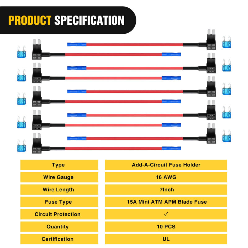Nilight Fuse Holder Add-a-circuit Fuse TAP Adapter Mini ATM APM Blade Fuse Holder-10 Pack , 2 years Warranty 10Pcs Mini