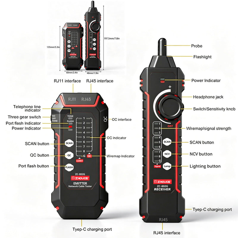 Network Cable Tester, RJ45/RJ11 Wire Tracer and Line Finder, Tone Generator Ethernet Cable Tester, Cable Tracer for LAN/POE /Cat5/Cat6 Networks, Cable Verification and Telephone Line Testing ZC-802G
