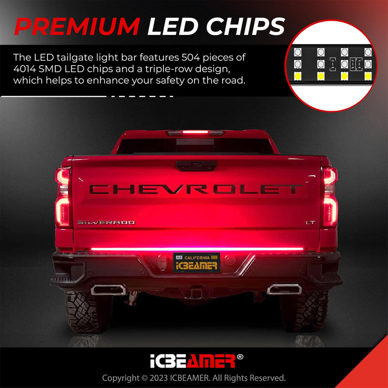 ICBEAMER Triple Row 60 inch 504 pcs LED for Pick up/Truck Tailgate Light Bar Side Bed Light Strip Bar IP67 Waterproof Reverse- 6 Functions Tail/Brake/Sequential/Turn Signals/Reverse/Flashing Lights Triple Rows