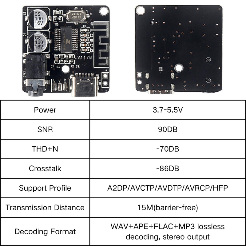 6pcsBluetooth 5.0 MP3 Lossless Decoder Board VHM-314 with 3.5mm Stereo Jack | BT Audio Receiver Module Supports FLAC/WAV/APE/MP3, 15M Range, 5V Type-C Audio Board for Amplifier Headphones Speakers