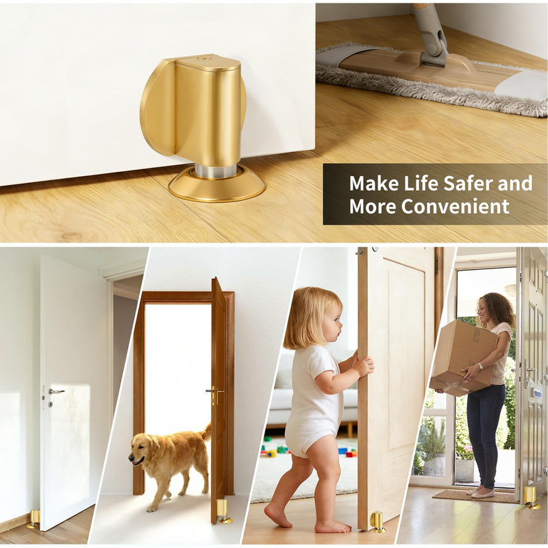 AIMAXINKE Magnetic Door Stoppers, Magnet Door Stop - Stainless Steel Door Catch, Retractable Bottom of Door Holder Suits Gaps Within 1.5" Keep Door Open, No Drill 3M Adhesive & Screws - Golden2 Pack Golden2Pc