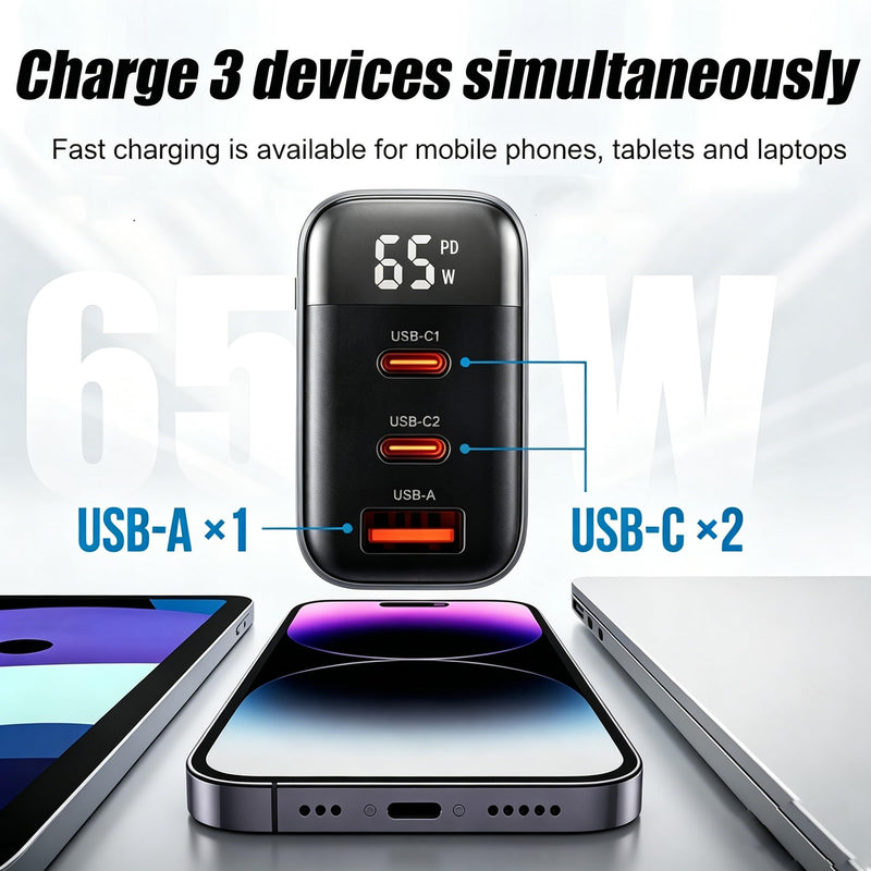 65W 3-Port USB C Wall Charger Block with 2Pack Extra Long 6FT USB C Cable | Ultra-Compact GaN Foldable Fast Wall Adapter with Digital Display for MacBook Pro/Neo/Air, iPhone 17 Series, and More