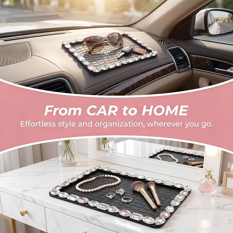 Craedli Bling Car Dashboard Anti-Slip Mat, Non-Slip Sticky Pad for Keys and Cell Phone, Rhinestone Vehicle Dash Decoration Accessories for SUV and Truck (White&Pink) White&Pink