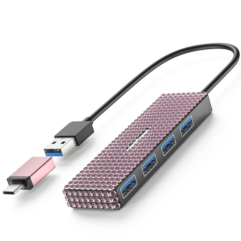 USB to USB C Adapter, YaimhSound Multi USB Port for Laptop, Pink USB Hub 3.0 for PC, MacBook, Mac Pro, Surface, Flash Drive, SSD, Keyboard, Mouse, Camera, Gaming Pink A+C to 4 USB