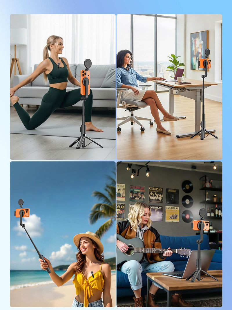 USKEYVISION Vlogging Kit, Content Creator Essentials w/Light & Lavalier Mic | Magnetic Selfie Stick Tripod for iPhone with Light, Vlogging Microphone for Content Creators, Youtube Recording(SPT-02Combol) Black