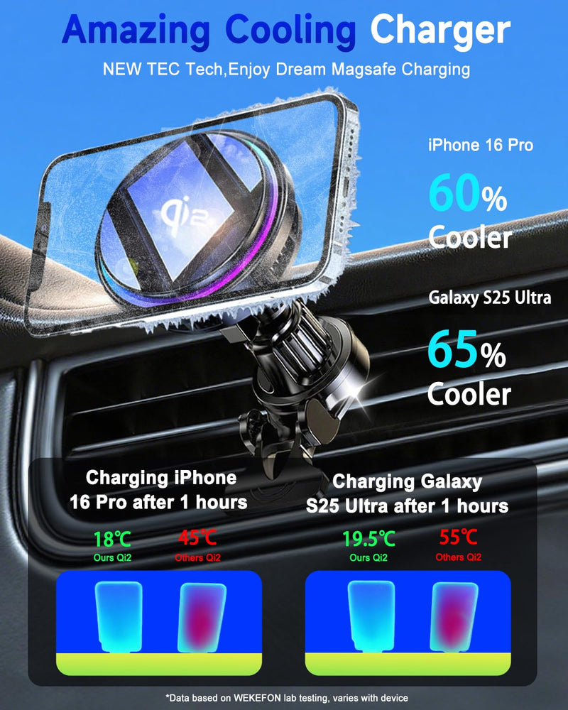 for Qi2 15W MagSafe Car Mount Charger RGB Light, Ice Cooling Magnetic Wireless Car Charger Phone Holder, Air Vent Fast Charging for iPhone 17 16 15 14 13 12 Pro Max Air, Galaxy S25, Car Accessories With Qi2 Cooling Charging