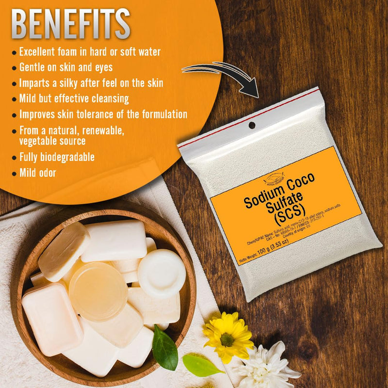SODIUM COCO SULFATE (SCS) - Fine Granules - Anionic, Foaming Surfactant - for Homemade Solid Shampoo Bars, Soap, Foamy, Bubbly Products, Hair, Body - 600 g | 21.17 Oz
