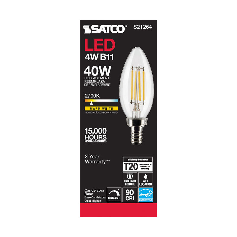 Satco S21264 4W LED Filament B11 Candle Light Bulbs, E12 Candelabra Base, 2700K Warm White, 350 Lumen, Dimmable, Wet Location, Clear, 120V, 6 Pack