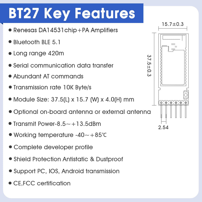 A Pair of DX-BT27-A Bluetooth Module Long Range Up to 420m BLE 5.1 Wireless Bluetooth TF Transceiver Module for Arduino Compatible with Android/iOS, Including Master and Slave Master+Slave