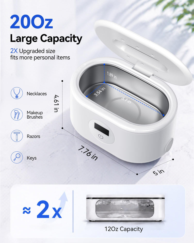 Miorcols Ultrasonic Jewelry Cleaner, Ultrasonic Cleaner Machine with Digital LED Display, 20oz 304 Stainless Steel Tank for Jewelry, Eyeglasses, Watches, Dentures, Retainers & More - White