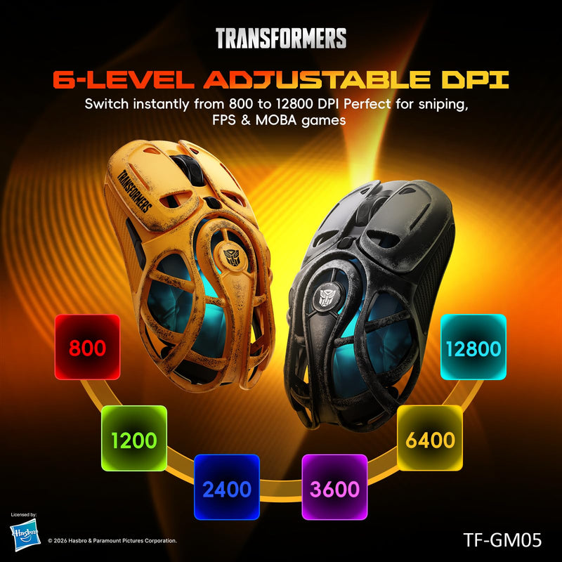 Transformers TF-GM05 Wireless Gaming Mouse, 71g Ultra-Light Hollow Mecha Design, Tri-Mode Bluetooth/2.4G/Wired, 12800 DPI, Huano Switches, PAW3311 Sensor, RGB, USB-C Rechargeable (Bumblebee Yellow) Bumblebee Yellow
