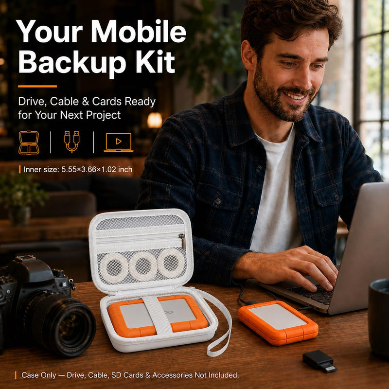 Hard Drive Case for LaCie Rugged Mini USB-C 1TB-5TB,Cable Storage White | Secure Elastic Hold-down,Divided Cable Storage and Wrist Strap for Photographers,Creators,Office and Travel,Case Only