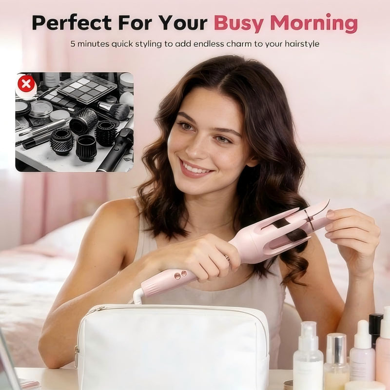 3-in-1 Hair Curler Automatic Rotating, Ceramic, ions | 32mm curls & 36mm waves, Straightener brush, Auto-rotate, tangle-free, 4 heat settings for all hair types Pink