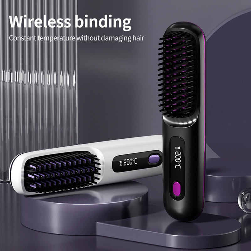 Go Brush Pro UK Cordless Hair Straightener Brush, Everyday Use | Rechargeable Portable Heated Brush with LED Display & 3-Speed Heat | Frizz-Free Shine | for Travel,Home & Office Touch-Ups White