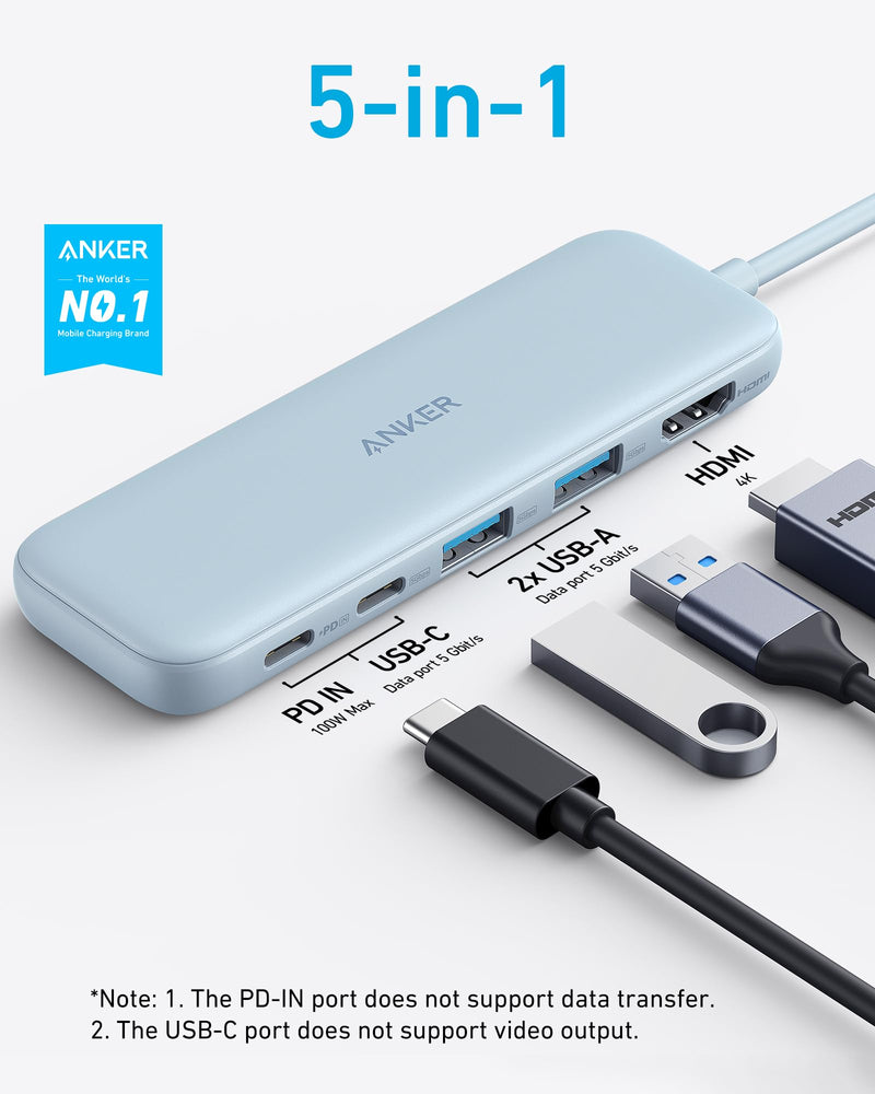 Anker 332 USB-C Hub (5-in-1) with 4K HDMI Display, 5Gbps USB-C Data Port and 2 5Gbps USB-A Data Ports and for MacBook Pro, MacBook Air, Dell XPS, Lenovo Thinkpad, HP Laptops and More(Blue) Blue